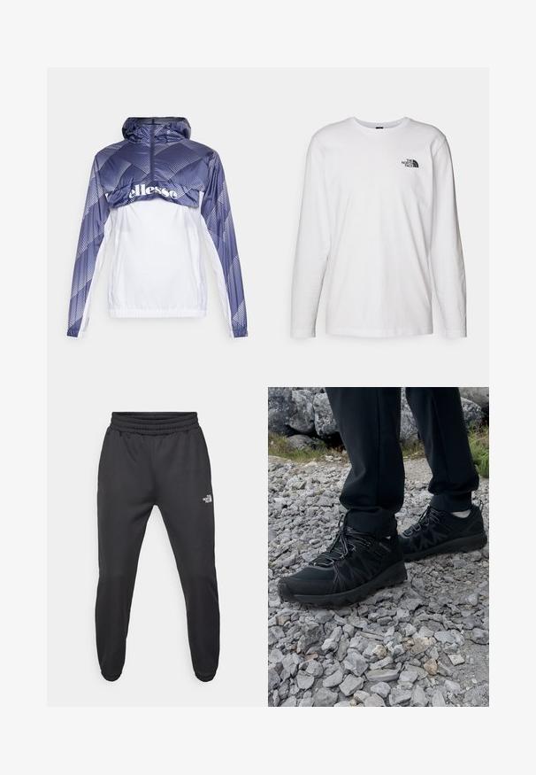 Blue and white windbreaker jacket with a hood, featuring geometric patterns and a front zip. Includes elastic hem and cuffs.; White long-sleeve T-shirt made of cotton with a crew neck. Features a small black logo on the chest. Smooth texture, regular fit.; Black sweatpants with a drawstring waist, tapered fit, elastic cuffs, and a small white logo on the left thigh, made from smooth fabric.; Black outdoor shoes with mesh and synthetic material, featuring a textured upper, secured lacing system, and a rugged outsole, on rocky terrain.