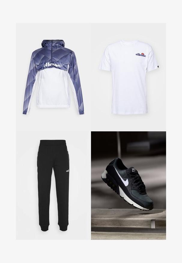 Sinine ja valge tuulejope kapuutsi ja geomeetriliste mustritega, millel on ees lukk. Lisatud elastne alläär ja varrukad.; Valge puuvillane t-särk lühikeste varrukatega, millel on vasakus rinnas tumesinine broderi logo ning logo kohal erksavärviline aktsent.; Mustad mustadest kangast valmistatud dressipüksid, millel on kitsenev jalgade disain, elastne vöökoht, küljetaskud tõmblukuga ning väike logo aksessuaar.; Must must ja rohelised tossud, millel on mustriline võrgu pealmine osa, valge Swoosh-logo, pehmendatud krae ja nähtav õhutusüksus tallas.