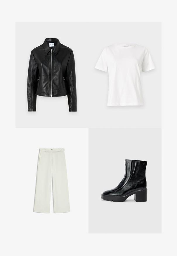 Samsøe Samsøe SASHILOH - Nahkatakki - black; Valkoinen puuvillapaita lyhyillä hihoilla, pyöreällä kaula-aukolla ja rentolla istuvuudella. Sujuva rakenne, ei kuvioita tai yksityiskohtia, minimalistinen muotoilu.; Housut leveillä lahkeilla vaalean kermaisessa kankaassa, jossa on sivutaskut, litteä etuosa ja yksi nappikiinnitys vyötäröllä. Silkkinen pinta.; Musta patentoitu nahkasaappaat nilkkoihin, joissa on kaareva kärki, joustavat sivupaneelit ja paksu lohkoilut. Takana on kohokuvioitu logo.