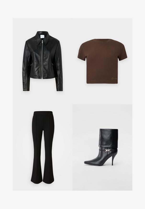 Samsøe Samsøe SASHILOH - Nahkatakki - black; Ruskea lyhythihainen cropped t-paita pehmeää puuvillaa, jossa on pyöreä pääntie. Sisältää hillityn "Guess" -logon kultaisena alareunassa.; Mustat levenevät housut, jotka on valmistettu joustavasta materiaalista, jossa on sileä pinta. Housuissa on saumurivia etupuolella lisäsuunnittelua varten.; Musta nahkasaapas nilkkapituudella, teräväkärkinen, korkea stiletto-korko, käännettävä varsi ja kultainen koristeellinen solki nilkassa.