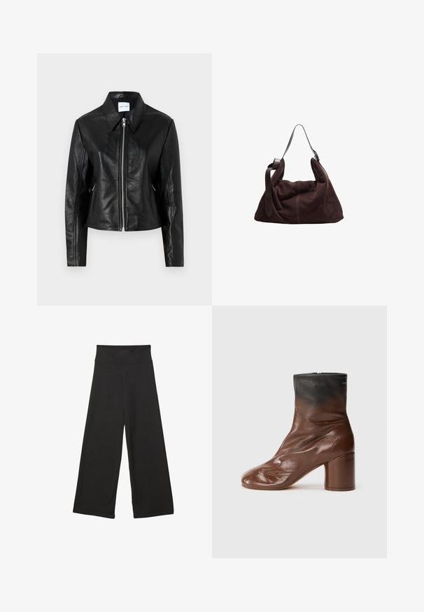 Samsøe Samsøe SASHILOH - Læderjakker - black; Hvid oversized T-shirt lavet af blød bomuld. Har korte ærmer, en rund halsudskæring og en afslappet pasform uden synlige mønstre eller accenter.; Sorte brede bukser med høj elastisk talje, blødt stof og løs pasform, velegnede til afslappet tøj eller uformelle anledninger.; Brun læder ankelstøvle med rund tå, med en tekstureret overflade, en sort øverste del og en kraftig hæl. Lynlåslukning bagpå.; Mørkebrun ruskinds hobo skuldertaske med bred justerbar læderrem og blød, slaskende krop på hvid baggrund.