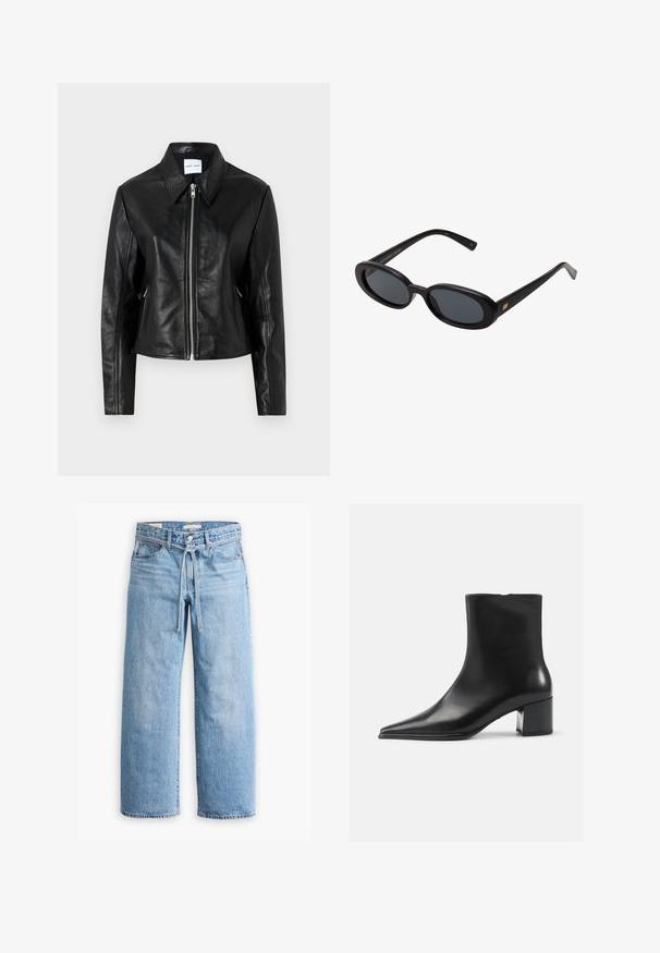 Samsøe Samsøe SASHILOH - Lederjacke - black; Weißes Langarmshirt aus weichem Stoff. Verfügt über ein tailliertes Design mit gerafften Details an der Taille und einem Rundhalsausschnitt.; Hellblaue Jeans im weiten Schnitt mit hoher Taille, Knopf- und Reißverschluss sowie einer Kordelzugdetails an der Taille. Roh geschnittener Saum.; Schwarze Lederschnürstiefelette mit spitzer Zehenform, glatter Textur und mittelhohem Blockabsatz. Minimalistisches Design, Reißverschluss hinten.; Schwarze, oversized Sonnenbrillen mit ovalen Gläsern, glattem Kunststoffrahmen und goldenen Akzenten an den Bügeln. Die dunklen Gläser bieten Sonnenschutz.; Schwarze Lederhandtasche mit geschwungenem Design, zwei langen Griffen und silbernen Beschlägen. Glatte Textur ohne sichtbare Muster oder Akzente.