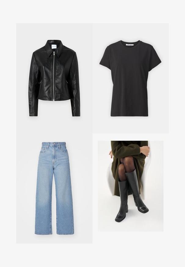 Samsøe Samsøe SASHILOH czarny; Czarna bawełniana koszulka z klasycznym okrągłym dekoltem, krótki rękawek i luźny fason. Gładka tekstura, bez widocznych wzorów czy akcentów.; Jasnoniebieskie jeansy z wysokim stanem i szerokimi nogawkami, z zapięciem na guziki i zamek z przodu, przednie i tylne kieszenie, na białym tle.; Kozaki skórzane do kolan w kolorze czarnym, z kwadratowym noskiem i słupkowym obcasem, pokazane na modelce siedzącej w oliwkowej zielonej kurtce. Gładka tekstura, minimalne detale.