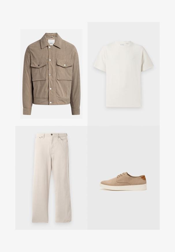 Veste en velours côtelé beige avec un devant à boutons, deux poches poitrine et une texture côtelée. Comprend des boutons-pression en métal et un col.; T-shirt blanc à manches courtes en texture côtelée. Encolure ronde, coupe décontractée, sans motifs ni accents visibles. Design simple et polyvalent.; Pantalon droit en velours beige, avec une texture côtelée, un design à cinq poches et une fermeture à boutons.; Baskets en daim beige avec un embout arrondi, un laçage sur le devant et un accent texturé à l'arrière. La semelle en caoutchouc blanche offre un contraste. Design simple et moderne.