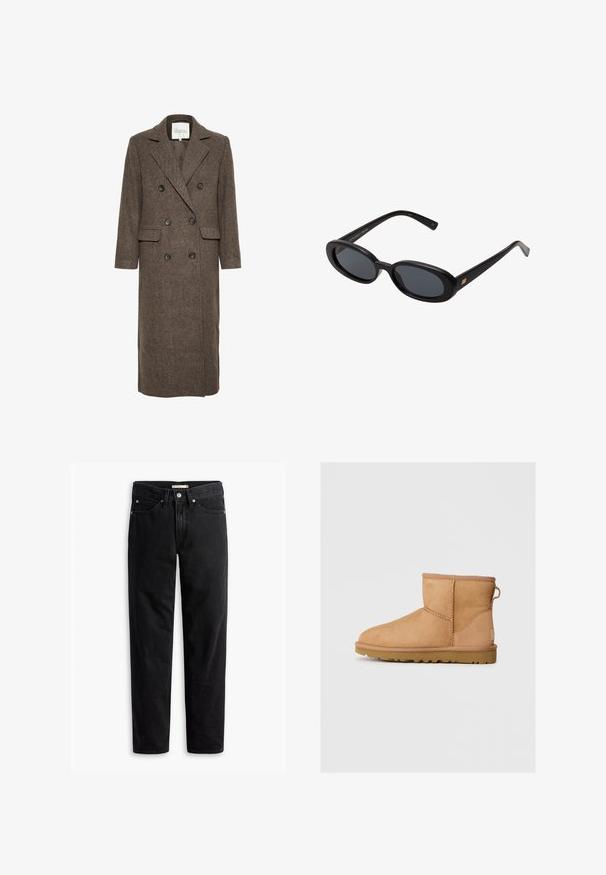 My Essential Wardrobe FRANNIE - Mantel - seal brown melange; Grijze gebreide trui met lange mouwen, ronde hals, geribbelde manchetten en zoom, met een zachte textuur en een relaxte pasvorm.; Zwarte straight-leg jeans met knoop- en ritssluiting, riemlussen en voor- en achterzakken, plat gelegd op een witte achtergrond.; Tan suède enkellaars met ronde neus, gestikte details, trekhaak aan de achterkant en een gestructureerde rubberen zool. Ontworpen voor comfort en warmte.; Zwarte oversized zonnebril met ovale lenzen, een glad plastic montuur en gouden accenten op de pootjes. Donkere lenzen bieden bescherming tegen de zon.