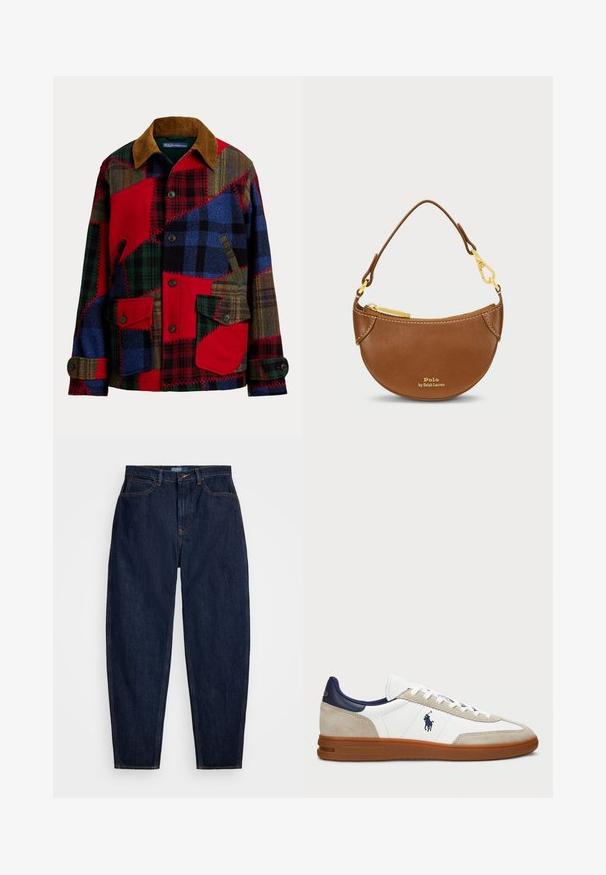 Patchwork jacket featuring a mix of red, blue, green, and brown fabrics. Corduroy collar, button closure, and two front pockets. Textured pattern.; Cream cable-knit sweater with a V-neckline, featuring navy and light blue stripes on the collar and bottom hem.; Dark green long-sleeve crew neck shirt with small purple embroidered horse logo on the left chest, displayed on a white background.; Dark blue denim jeans with a straight-leg fit, featuring orange stitching, a front button closure, and five pockets.; White and beige sneakers with a suede and leather upper, navy accents, and a brown rubber sole. Features logo on the side and lace-up design.; Brown leather bag with a curved shape and gold hardware. Features a top zipper and embossed logo on the front. Short handle included.