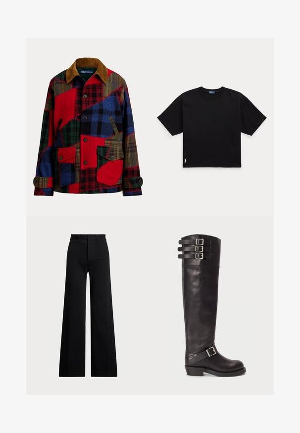 Chaqueta patchwork que presenta una mezcla de telas rojas, azules, verdes y marrones. Cuello de pana, cierre con botones y dos bolsillos delanteros. Patrón texturizado.; Camiseta de algodón negra con mangas cortas, cuello redondo y un pequeño logo blanco en la parte inferior izquierda. Ajuste clásico y cuadrado con mínimos detalles.; Pantalones de pierna ancha negros, fabricados en tejido entrelazado, con una cintura alta, cierre de botón en el frente y bolsillos laterales. Textura suave con líneas limpias.; Bota de cuero negro hasta la rodilla con punta redonda, tres hebillas de cinta en la parte superior y un detalle de hebilla lateral. Suela plana y textura suave.