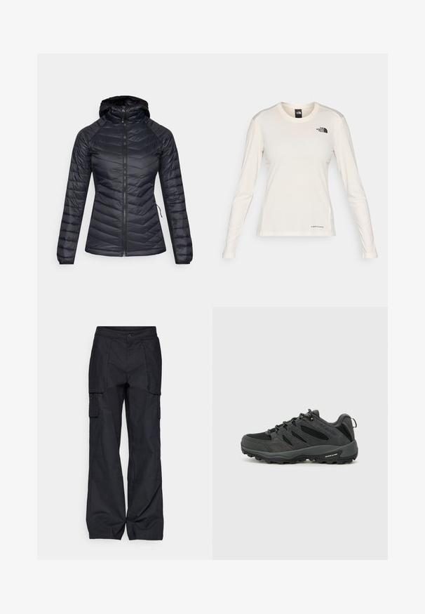 Svart pufferjakke med glidelås foran, hette og chevron-quiltet design. Har lange ermer og en glatt, lett tekstur.; The North Face SHADOW LONG SLEEVE - Topper langermet - white dune; Columbia BREA FALLS™ COTTON RIPSTOP PANT - Friluftsbukser - black; Columbia REDMOND - Fjellsko - black/citron haze