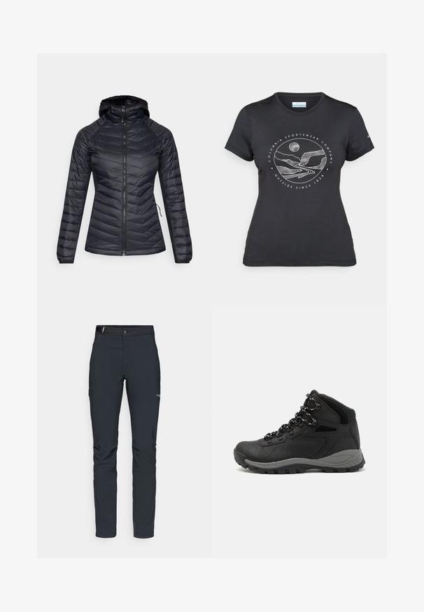 Casaco puffer preto com fecho dianteiro, capuz e design acolchoado em zigue-zague. Apresenta mangas longas e uma textura de tecido leve e elegante.; T-shirt preto da Columbia com arte em linha branca circular representando montanhas e rios, e o texto "Columbia Sportswear Company Outside Since 1938."; Calças de exterior para homens, cinza escuro, feitas de material flexível, com cinto, bolsos com fecho éclair e costuras reforçadas.; Bota de caminhada preta com design de cano médio, apresentando um upper texturizado, detalhes cinzentos e sola de borracha durável com cravos de tração.