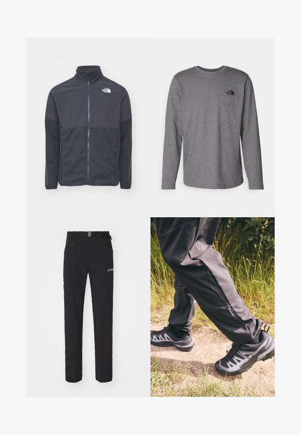 The North Face M GLACIER HEAVYWEIGHT FULL ZIP - Fleecejakke - asphalt grey; The North Face M L/S SIMPLE DOME TEE - Langærmet T-shirt - medium grey heather; Sorte udendørsbukser med glat stof, sidelommer med lynlås, forstærkede knæsektioner og en justerbar talje med spænde.; Sorte vandtætte bukser med en afslappet pasform, der har en lille sidelomme. Parret med robuste sorte og grå vandresko med et mønster.