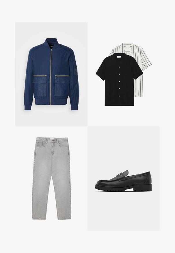 Mornarska bomberska jakna z zadrgo spredaj, denim poudarki na dveh sprednjih žepih in mrežast žep na levem rokavu. Teksturna tkanina.; Dve majice s kratkimi rokavi: ena enobarvna črna, druga bela z črnimi navpičnimi črtami. Obe imata gumbaste zapenke in klasičen ovratnik.; Svetlo sivi traper hlače s ravnim krojem, pet žepov in gumbom za zapiranje. Vidno šivanje ob šivih.; Črne usnjene loafers čevlje z zaobljenim nosom, ki imajo šivano zasnovo, nizko platformo in teksturiran, profiliran gumijast podplat.