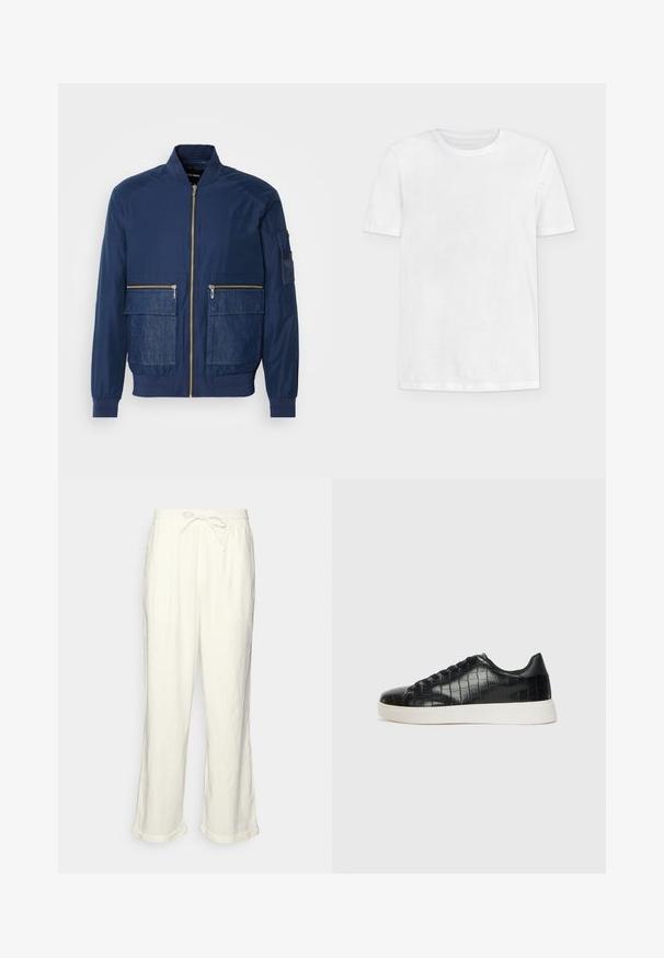 Námornícky bombardér s predným zipsom, denimoovým akcentom na dvoch predných vreckách a sieťovaným vreckom na ľavom rukáve. Štruktúrovaná látka.; Biele bavlnené tričko s krátkymi rukávmi, okrúhlym výstrihom a jemnou textúrou. Bez vzorov alebo grafiky. Jednoduchý, klasický dizajn.; Linenové nohavice v smotanovej farbe s pásom na šnúrku, mierne širokými nohavicami a zvinutými manžetami pre uvoľnený strih. Bez vreciek.; Čierne tenisky s textúrovaným kroko-embosovaným koženým zvrškom, zaoblenou špičkou a kontrastnou bielou gumovou podrážkou s hladkým povrchom.