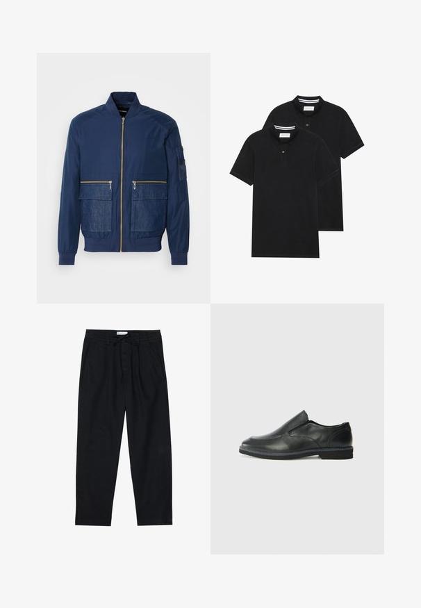 Casaco bombardeiro azul-marinho com fecho éclair na frente, detalhes em denim em dois bolsos frontais e um bolso em malha na manga esquerda. Tecido texturizado.; Duas camisetas polo pretas, de manga curta, em material de algodão, com colarinho clássico, abertura com dois botões e detalhes em riscas brancas no interior do colarinho.; Pier One Chinos - black; Sapato slip-on preto em pele com um upper liso, acabamentos cosidos, bico arredondado e um salto de borracha baixo. A sola apresenta um padrão de aderência mínimo.