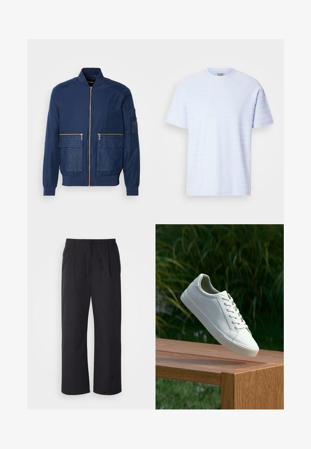 Navy bomber jacket featuring a zip front, denim accents on two front pockets, and a mesh pocket on the left sleeve. Textured fabric.; Light blue short-sleeve t-shirt made of soft fabric, featuring a textured horizontal striped pattern across the front.; Wide-leg pants in textured black fabric with a drawstring waistband, featuring two front pockets and a straight cut design.; White lace-up sneaker hovering above wooden bench with green foliage in the background, showcasing shoe design and texture.