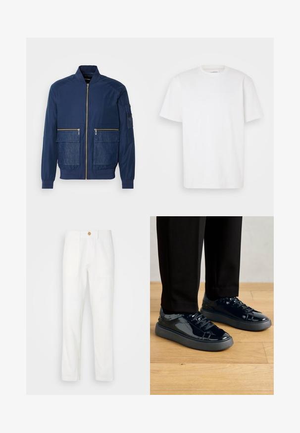 Jūras kara flotes bumbvedēja jaka ar rāvējslēdzēju priekšpusē, denima akcenti uz divām priekšējām kabatām un sieta kabata kreisajā piedurknes pusē. Tekstūrēts audums.; Baltas īsās piedurknes T-krekls no kokvilnas, ar apaļu kakla izgriezumu un vienkāršu, taisnā griezuma dizainu bez rakstiem vai akcentiem.; Baltas audums bikses ar taisnu piegriezumu, ar divām priekšējām kabatām un pogu aizdari. Gluda tekstūra un vienkāršs dizains.; Melnas lakotās ādas kedas ar strukturētu gumijas zoli, apaļu purngalu un atbilstošiem melniem šņorēm, apvienotas ar melniem biksēm uz koka grīdas.