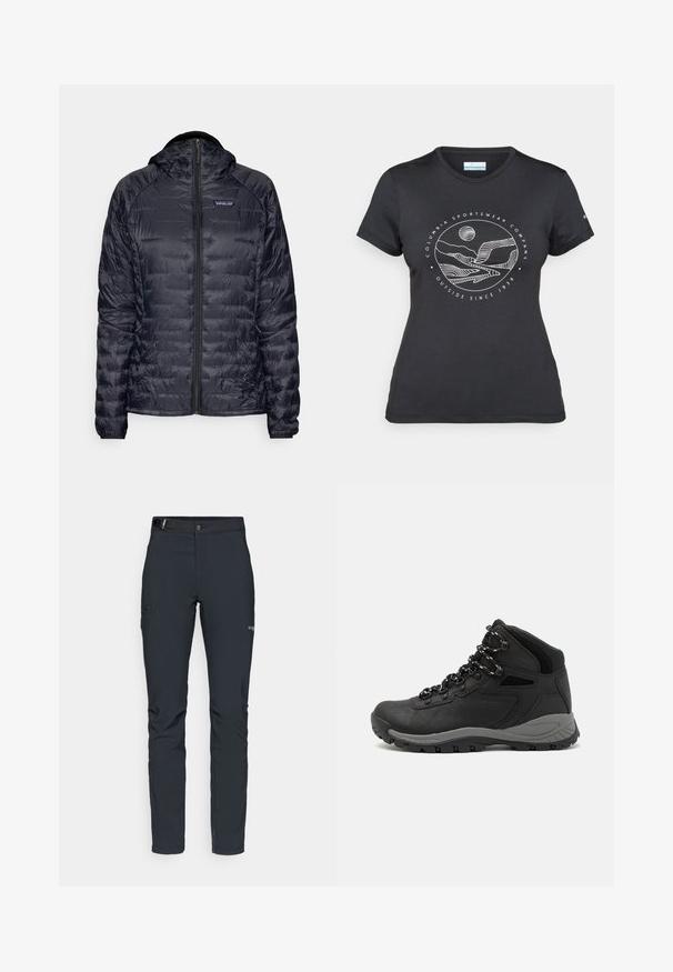 Casaco puffer azul marinho feito de tecido leve, com capuz, fecho frontal e padrão acolchoado com seções cosidas.; T-shirt preto da Columbia com arte em linha branca circular representando montanhas e rios, e o texto "Columbia Sportswear Company Outside Since 1938."; Calças de exterior para homens, cinza escuro, feitas de material flexível, com cinto, bolsos com fecho éclair e costuras reforçadas.; Bota de caminhada preta com design de cano médio, apresentando um upper texturizado, detalhes cinzentos e sola de borracha durável com cravos de tração.