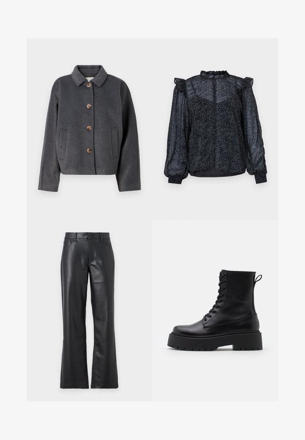 Jachetă din lână gri, cu un guler, cinci butoane din lemn, două buzunare laterale și un design scurt. Textură moale cu o finisare subtilă.; Bluză neagră cu un model stropit, material transparent, mâneci bufante și un guler volănat cu deschidere cu nasture la spate.; Pantaloni din piele neagră cu un design evazat, având buzunare frontale, bucle pentru curea și închidere cu nasture. Textură netedă cu cusături vizibile.; Botine din piele neagră, până la gleznă, cu vârful rotund, șireturi în față și o talpă groasă din cauciuc cu un model texturat. Fâșie de tragere la spate.