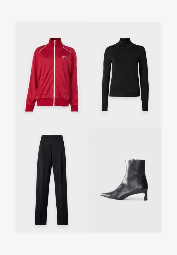 Piros zippzáros dzseki magas gallérral, fehér díszítéssel a vállakon, két elülső zsebbel, bordázott mandzsetta és alsó résszel. Hímzett logóval a mellen.; Fekete, hosszú ujjú garbós pulóver bordás mandzsettákkal és aljjal, sima fehér háttér előtt bemutatva.; Fekete nadrág sima anyagból, magas derékkal, széles lábakkal, elülső redőkkel és klasszikus övhurkokkal. Oldalzsebek nem láthatók.; Fekete bőr bokacsizma hegyes orral és letisztult dizájnnal. Alacsony sarka és hátsó cipzáras záródása van. Simának tűnő textúra.