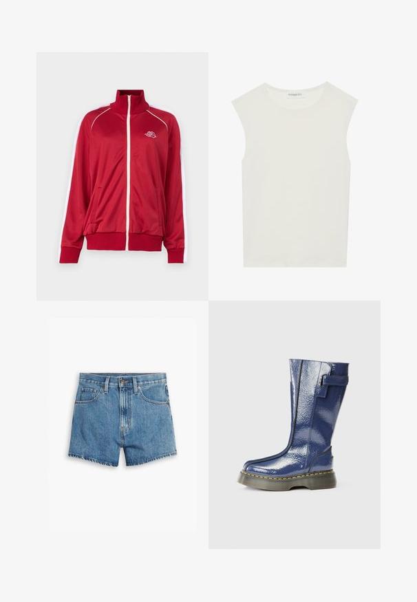 Punane tõmbluku ja kõrge kaelusega jakk, valged aktsendid õlgadel, kaks esimest taskut ning soonikkoes mansetid ja alläär. Esiküljel on tikandiga logo.; Valge ilma varrukateta topp ümmarguse kaelusega. Valmistatud siledast kangast, sellel on mugav lõige ja minimalistlik disain. Ei ole mustreid ega aksessuaare.; Heledad teksapüksid helesinisena, millel on viis taskut, tõmblukk ja nööpkinnitus. Varrukad on lõdvenenud ja servad on kulunud.; Sinine, läikiv kuni põlveni ulatuv saabas, millel on ümar varvas, külglaan ja vertikaalsed õmblused. Omab paksu musta platvormitalda, millel on kollased õmblused.