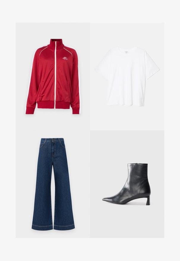 Piros zippzáros dzseki magas gallérral, fehér díszítéssel a vállakon, két elülső zsebbel, bordázott mandzsetta és alsó résszel. Hímzett logóval a mellen.; Fehér pamut póló rövid ujjal, kerek nyakkivágással, laza fazonnal és varrott szegéllyel. Címke látható a belső nyakrészén.; Magas derekú, széles lábú kék farmernadrág, gombos záródással, övhurkokkal és diszkrét varrási részletekkel a zsebeknél és a szegélyeknél.; Fekete bőr bokacsizma hegyes orral és letisztult dizájnnal. Alacsony sarka és hátsó cipzáras záródása van. Simának tűnő textúra.