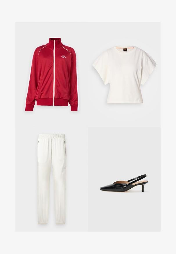 Punane tõmbluku ja kõrge kaelusega jakk, valged aktsendid õlgadel, kaks esimest taskut ning soonikkoes mansetid ja alläär. Esiküljel on tikandiga logo.; Valge lühikeste laiadte varrukatega lühike T-särk, pehme puuvillane materjal, ümar kaelus kergelt oranži ääristusega, minimaalne disain, ilma mustrite ja graafikateta.; Heledad kreemilised spordipüksid, millel on elastne vöökoht, kitsenevad mansetid, küljetaskud ja tõmblukkudega detailid. Sile, kergelt läikiv kangas.; Must mustaalk naha Slingback-kingad terava varba, väikese kontsaga ja lõikega kujundusega ülevalt. Kuldse tooni detail küljel.