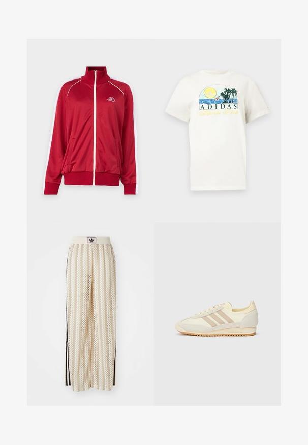 Red zip-up jacket with high collar, white accents on shoulders, two front pockets, and ribbed cuffs and hem. Features embroidered logo on chest.; White cotton t-shirt featuring a graphic design with a sun, palm trees, and water. "ADIDAS Sports Club" printed in green and yellow.; Cream-colored wide-leg pants with a zigzag pattern, featuring a black logo waistband and side black stripes. Lightweight, textured fabric.; Cream athletic sneaker featuring three beige stripes, suede and textile materials, a textured sole, and embossed branding on the heel.