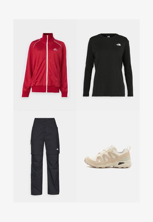 Chaqueta roja con cremallera y cuello alto, con acentos blancos en los hombros, dos bolsillos frontales y puños y dobladillo de canalé. Presenta un logo bordado en el pecho.; Camiseta de manga larga negra de algodón con cuello redondo. Presenta un pequeño logotipo blanco en la parte izquierda del pecho. Diseño y ajuste simples.; Pantalones cargo de nailon negro con cremallera desmontable, puños ajustables, múltiples bolsillos y un logotipo en la pierna derecha. Textura suave y ligera.; Zapatilla deportiva beige y crema con parte superior de malla texturizada, superposiciones de soporte y suela de goma con un patrón de tracción.