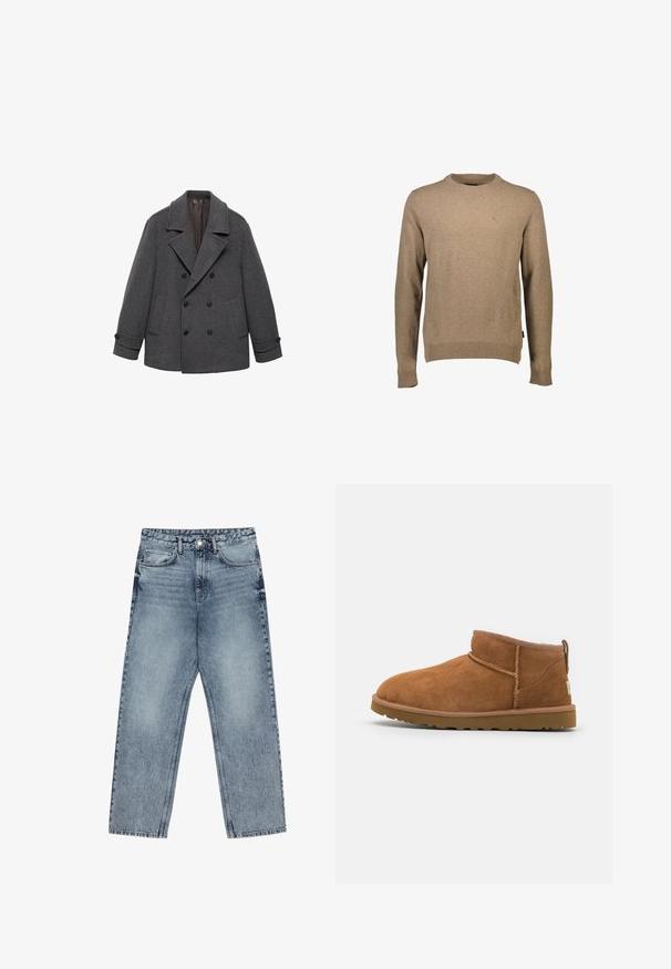 Kaksirivinen harmaa villakangastakki leveillä läppäkauluksilla, joissa on kaksi etutaskua ja nappikiinnitys hihansuissa. Silkkinen kangas pehmeällä vuorilla.; Beige crewnecksweater valmistettu pehmeästä materiaalista, jossa on pitkät hihat ja ribattu pääntiheys. Pieni logodetaili rinnassa. Siisti muotoilu.; Vaaleansiniset farkut, joissa on suora lahje, näkyvät tikkaus, viisi taskua ja napin suljenta vyötäröllä.; Vaaleanruskeat mokkasaappaat nilkkapituiset, joissa on pyöristetty kärki, hienovaraiset ommeltydet ja teksturoitu kumipohja. Lyhyt malli ilman nauhoja.