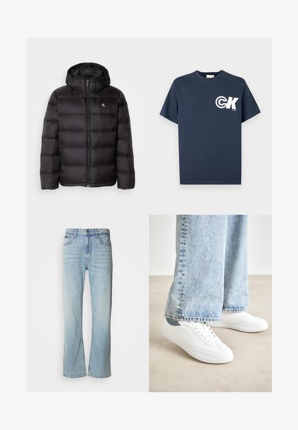 Black puffer jacket with a hood, featuring a quilted design, zip front closure, and two side pockets. Small logo on the chest.; Navy blue short-sleeve crew neck T-shirt with white CK logo and "Calvin Klein" text on the left chest.; Light blue denim jeans with a straight-leg cut, featuring five pockets, a button closure, and subtle fading on the fabric.; White sneakers with smooth material, lace-up design, textured rubber sole, and a teal accent at the heel, paired with light blue jeans.