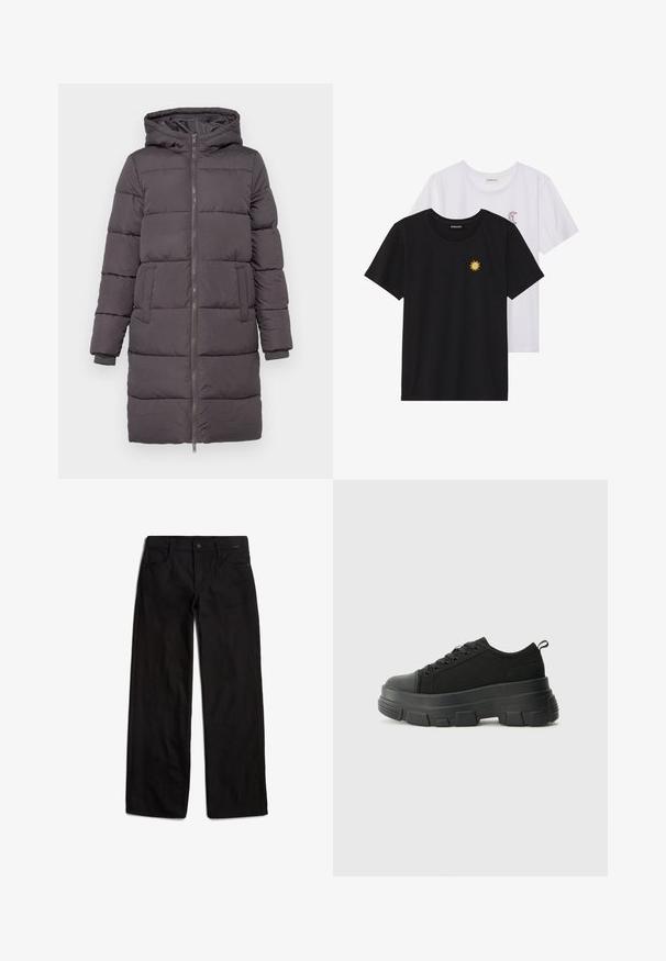 Purus, su kapuci, tamsiai pilkas paltas, turintis pilną užtrauktuką, dvi dideles priekines kišenes ir pūstus rankogalius. Lygi, paminkštinta tekstūra.; Juodi ir balti marškinėliai, apvaliu kaklu, trumpomis rankovėmis. Juodi marškiniai su geltonu saulės siuvinėjimu; baltieji turi purpurinę pusmėnulio akcentą.; Juodos džinsinės kelnės su tiesiu kirpimu, priekyje užsegamos mygtuku ir turinčios penkis kišenių. Lygus paviršius ir minimalūs siuvimo detalės.; Juodos sportinės bateliai su stambiu guminiais padu, tekstūrizuotu audinio viršumi, apvaliu pirštu ir raištelių uždarymu. Yra sutvirtinti akių angos ir nugaros kilputė.