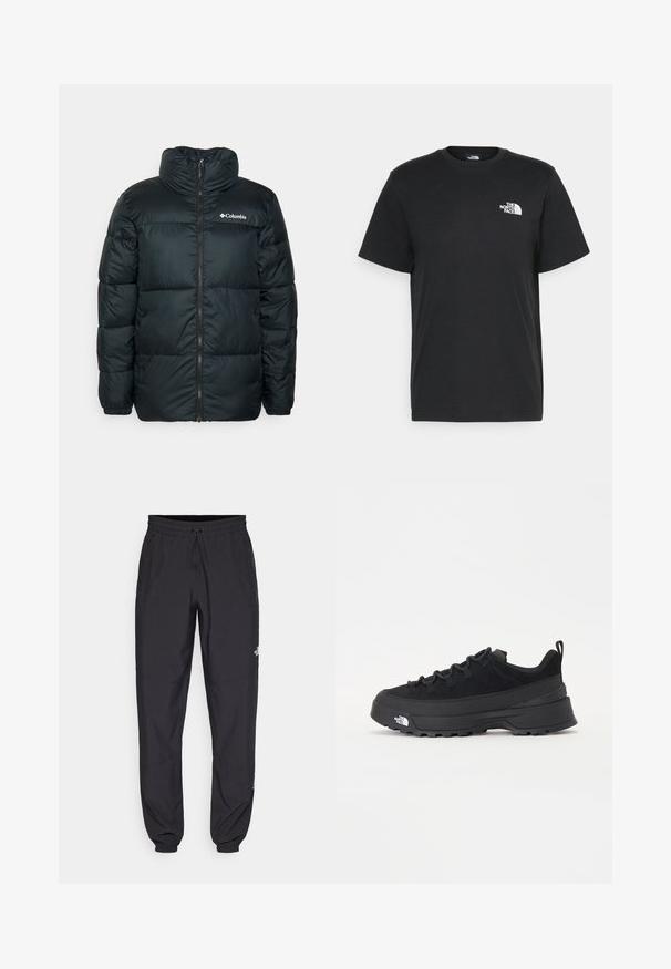Black puffer jacket with a high collar, zip closure, and quilted sections. Features elastic cuffs and a small logo on the chest.; Black cotton t-shirt with short sleeves, crew neck, and a small white logo on the left chest. Simple design, smooth texture, and relaxed fit.; Black athletic pants made from lightweight fabric, featuring a drawstring waistband, side pockets, and tapered cuffs at the ankles.; Black outdoor sneaker with a suede upper, textured rubber sole, and sturdy lacing system. Features a reinforced heel and brand logo on the side.