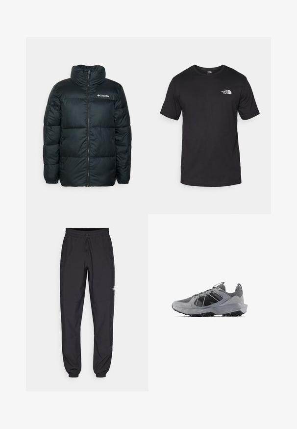 Svart pufferjacka med hög krage, dragkedjestängning och quiltade sektioner. Har elastiska muddar och en liten logotyp på bröstet.; Svart t-shirt med kort ärm gjord av bomull, med rund halsringning och en liten vit logotyp på övre vänstra bröstområdet.; Svarta träningsbyxor tillverkade av lättviktsmaterial, med dragsko i midjan, sidofickor och avsmalnande muddar vid anklarna.; Grå sportskor med ovandel i mesh, texturerade detaljer, en robust sula och ett snörningssystem. Har en svart logotyp på sidan.