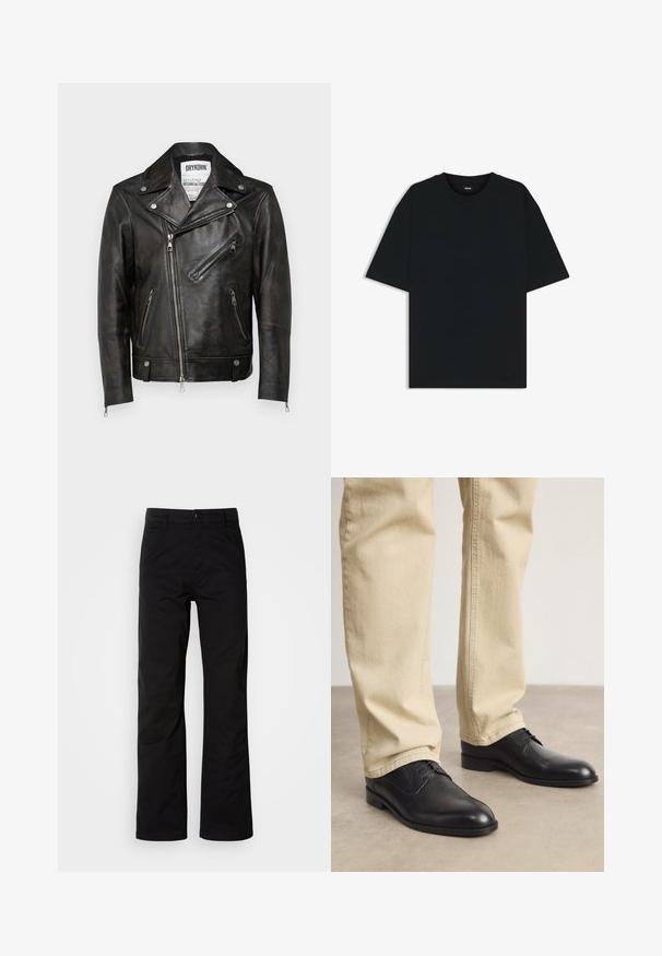 Schwarze Lederbikerjacke mit silberner Hardware, asymmetrischem Reißverschluss und drei Reißverschlusstaschen. Mit einem angedeuteten Kragen und strukturiertem Finish.; Schwarzes Baumwoll-T-Shirt mit rundem Halsausschnitt und kurzen Ärmeln. Verfügt über einen lockeren Schnitt und ein schlichtes Design ohne Muster oder Akzente.; Schwarze Baumwollhosen mit geradem Bein, ausgestattet mit einem Knopfverschluss und Gürtelschlaufen. Glatte Textur und minimalistischer Stil ohne sichtbare Muster.; Schwarze Leder Schnürschuhe mit runder Zehenform, glatter Oberfläche und dezenten Nähdetails, getragen mit hellbeigen Hosen.