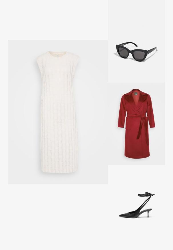 Sarkans vilnas maisījuma apmetnis ar garām piedurknēm, izgrieztu apkakli, jostu jostas vietā un divām priekšējām kabatām. Gluda tekstūra un līdz ceļiem garš dizains.; Balta ceļa garuma kleita ar teksturētu, svītru rakstu un īsām piedurknēm. Izgatavota no viegla auduma, kas nodrošina elpojamību.; Melnas ādas stiletto kurpes ar norādītu purngalu, atvērtu aizmuguri un potītes siksniņām, kas sasietas neglītajā mezglā. Šaurs 3 collu papēdis. Gluda tekstūra, minimālisma dizains.; Melnas kaķa acs saulesbrilles ar matētu apdari, ar pelēkiem tonētiem stikliem, izteiktiem stūriem un elegantiem sānu rokturiem. Zīmola nosaukums redzams uz iekšējā roktura.; Melna ādas crossbody soma ar gludu faktūru, taisnstūrveida formu un metalizētu ķēdes detaļu priekšā. Iekļauta regulējama siksna.