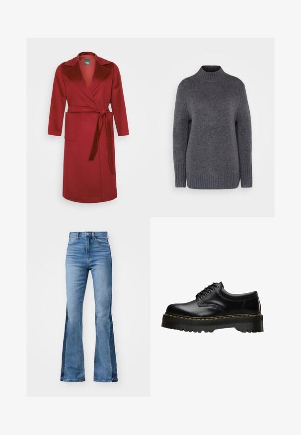 Red wool blend wrap coat with long sleeves, notched collar, belted waist, and two front pockets. Smooth texture and knee-length design.; Gray knitted sweater with a high ribbed collar and long sleeves, featuring a soft texture and ribbed hem for added detail.; Gap Tall 70S - Flared Jeans - medium indigo; Black leather lace-up shoe with a thick, serrated black rubber sole and yellow stitching along the edge, featuring a smooth finish.