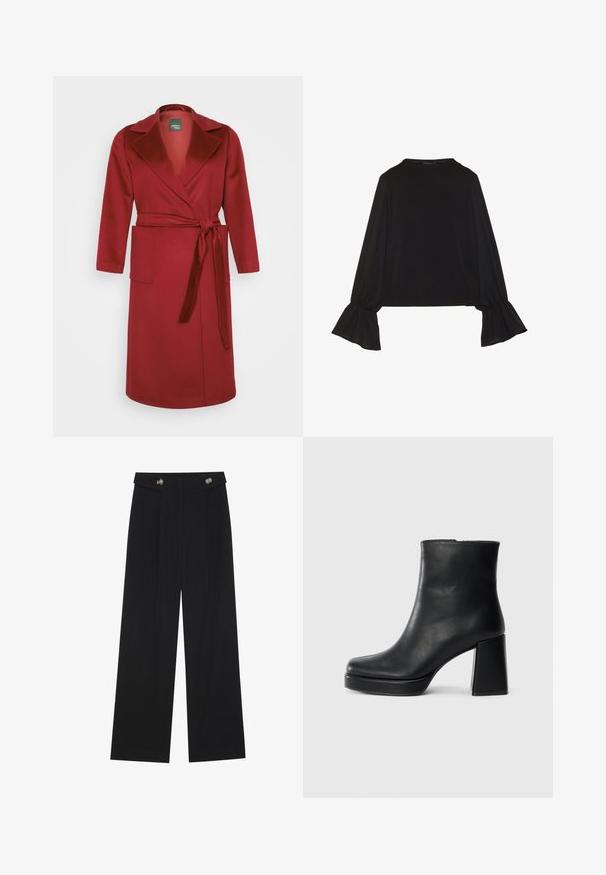 Röd ullblandning svepjacka med långa ärmar, fickkrage, bälte i midjan och två framfickor. Slät textur och knälång design.; Svart långärmad topp med utställda ärmslut, mjuk textur och avslappnad passform, med en enkel rund halsringning.; Svarta vida byxor med hög midja, knäppdetaljer i midjan och framfickor.; Svart läderankelboot med blockklack och platåsula, sedd från sidan på en enkel vit bakgrund.