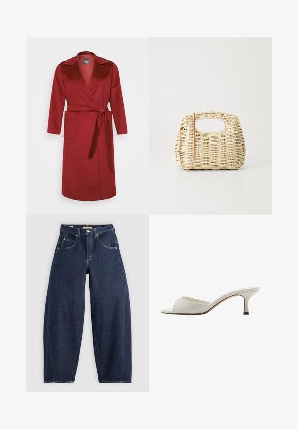 Palton din tricot roșu, cu amestec de lână, cu mâneci lungi, guler cu colturi, talie evidențiată cu curea și două buzunare frontale. Textură netedă și croială până la genunchi.; Tricou alb din bumbac, cu un grafic al cizmelor de cowboy și o pălărie. Cizmele sunt albastre cu accente galbene și detalii albe.; Blugi din denim de un albastru închis, cu o croială lejeră, cusături deschise, cinci buzunare și un închizător cu nasture la talie.; Mule-uri albe cu vârf deschis, cu toc înalt, cu un finisaj neted, design minimalist și un toc subțire, având un accent subtil de culoare maroniu pe talpă.; Geantă din paie țesută, de culoare bej deschis, cu un corp rotund, deschis în partea de sus și o curea detașabilă. Textură notabilă și model de țesătură complex.; Cluse BELISSENA WATCH - Ceas - silver-coloured/gold-coloured; Cercei din metal auriu, cu un design răsucit, având o textură îmbătrânită și o finisare netedă. Construcție ușoară și goală.