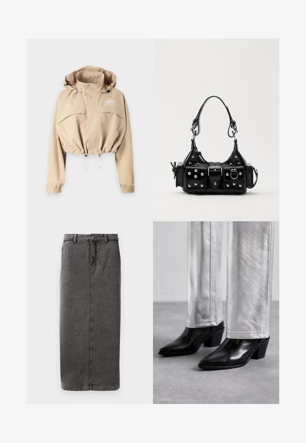 Cropped beige jacket with adjustable hood, elasticized hem, and cuffs. Features a front pocket and logo on the chest, made from lightweight fabric.; Black short-sleeve T-shirt made of soft cotton, featuring a round neckline and a smooth, even texture with a minimal design.; Gray, cotton blend skirt with a straight silhouette, button and zipper closure, belt loops, and a single back pocket.; Black leather ankle boots with a pointed toe and block heel, paired with shiny silver pants, showcasing sleek textures and contrasting colors.; Black leather handbag with a curved design, featuring silver studs, a buckle, and two side pockets. Adjustable strap for carrying options.