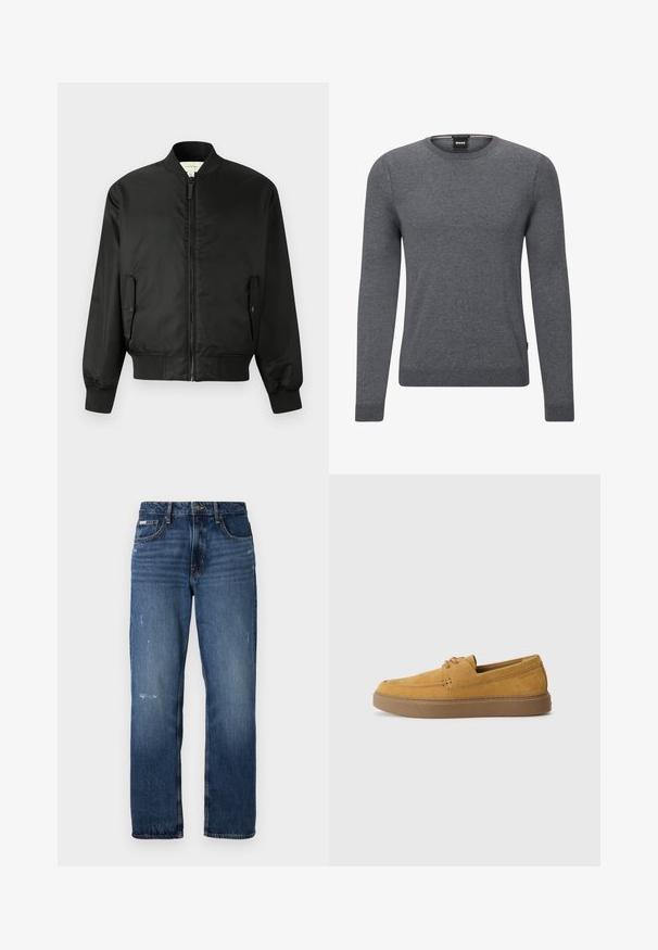 Zwarte bomberjack van glad nylon met een rits aan de voorkant, ribbelboorden en -zoom, en zijzakken met kleppen.; Grijs crewneck sweater gemaakt van zacht breiwerk. Het heeft lange mouwen, geribde manchetten en zoom, en een klein logotag aan de zijkant.; Blauwe denim jeans met een rechte pijpdesign. Bevat vervaagde delen en lichte slijtage aan de voorkant, met een klassieke knoopsluiting.; Bruine suède instap schoenen met een gestructureerde afwerking, ronde neus en een contrasterende rubberen zool. Heeft subtiele branding nabij de hiel.