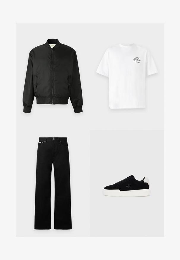 Musta pommikauppajakku, joka on valmistettu sileästä nailonista, edessä vetoketju, ribbaus hihansuissa ja helmassa, sekä sivutaskut läppäkiinnityksillä.; Valkoinen puuvillapaita lyhyillä hihoilla, pyöreä kaula-aukko, jossa on musta CK-logo vasemmassa rinnassa, normaali istuvuus, sileä pinta.; Mustat farkut leveällä lahkeella, joissa on viisi taskua ja metalliset napit. Sileä pinta, ei näkyviä kuvioita.; Musta matala sneaker valkoisella pohjalla ja kantapäällä, naruilla suljettavissa edessä, ja Calvin Klein -logo sivulla.