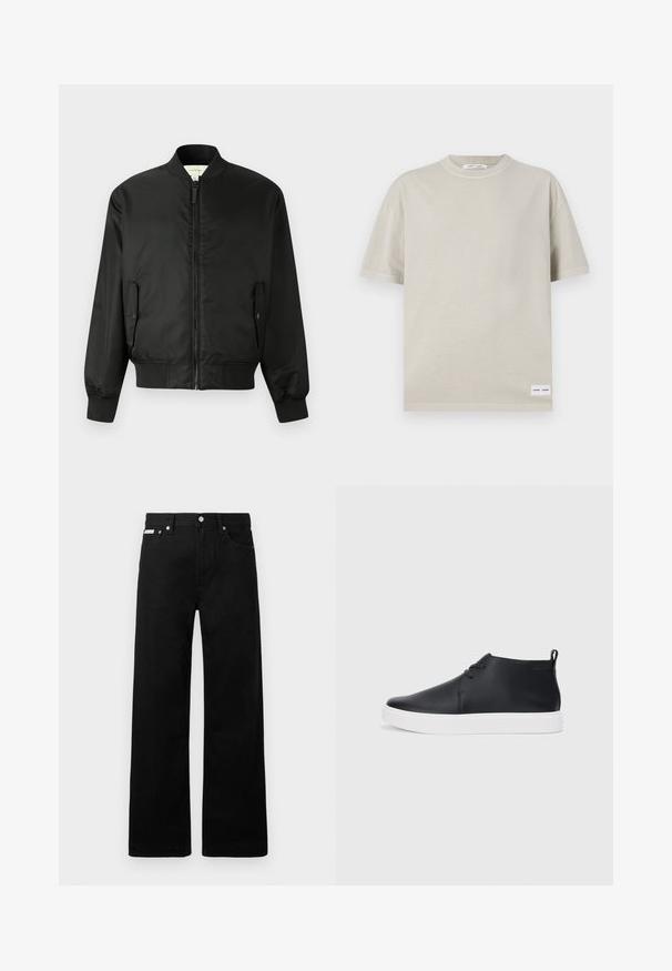 Jachetă neagră tip bomber, confecționată din nailon neted, cu fermoar în față, manșete și tiv ribbelate, precum și buzunare laterale cu clapetă.; Tricou scurt cu mânecă scurtă de culoare bej deschis, realizat dintr-un material moale, având un decolteu rotund și un etichetă mică în partea stângă jos.; Pantaloni din denim negri cu un design cu picioare largi, având cinci buzunare și accesorii metalice pentru butoane. Textură netedă, fără modele vizibile.; Adidași negri din piele, cu vârf înalt, finisaj neted, talpă din cauciuc alb și un design simplu cu șireturi. Au un tab de prindere în partea din spate.