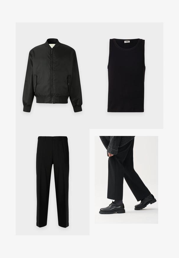 Čierna bomber bunda vyrobená z hladkého nylonu, so zapínaním na zips, ribovanými manžetami a lemom a bočnými vreckami so zapínaním na klapku.; Čierny bezrukávový top vyrobený z mäkkej bavlny. Má okrúhly výstrih a rovný strih s minimálnym detaily šitia.; Čierne nohavice z hladkej látky, s rovný strihom, dvoma prednými vreckami a zipsom s gombíkovým zapínaním.; Čierne kožené topánky s okrúhlou špičkou, viazaním a hrubou, štruktúrovanou podrážkou. Nosené s upravenými čiernymi nohavicami a rebrovaným sveterom.