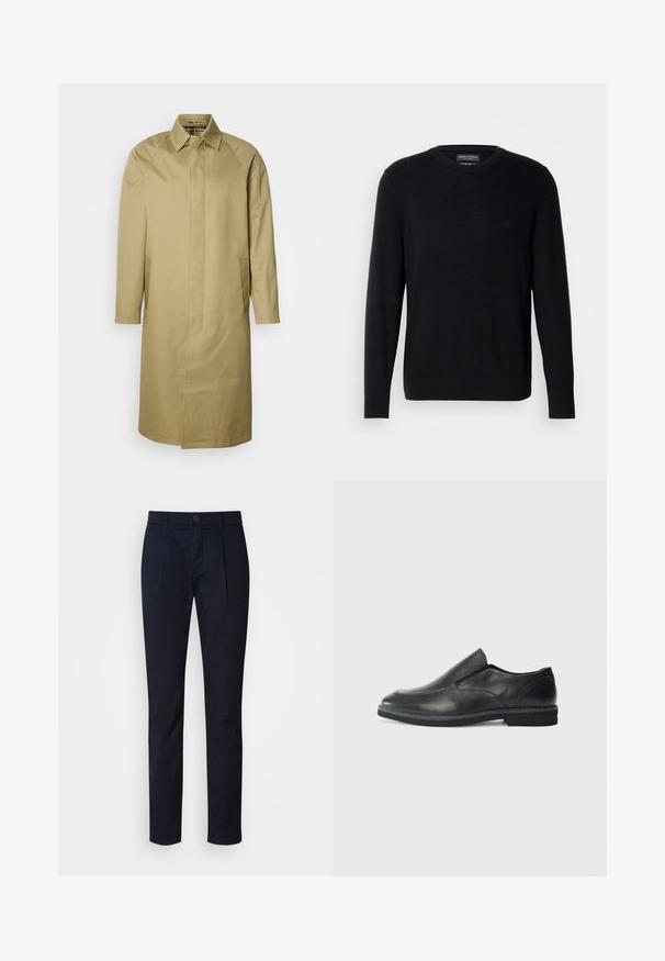 Beige trenchcoat lavet af glat stof, med spids krave, lange ærmer og sidelommer. Enkel, lige snit design uden udsmykninger.; Sort striktrøje med rund halsudskæring, lange ærmer og ribbede manchetter. Har et subtilt logo på brystet. Blød stofstruktur.; Mørkeblå slim fit bukser med frontfold, knap- og lynlåslukning, bæltestropper og lige ben.; Sorte læder slip-on sko med en glat overdel, syede detaljer, rund tå og en lav gummihæl. Sålen har minimal profil.