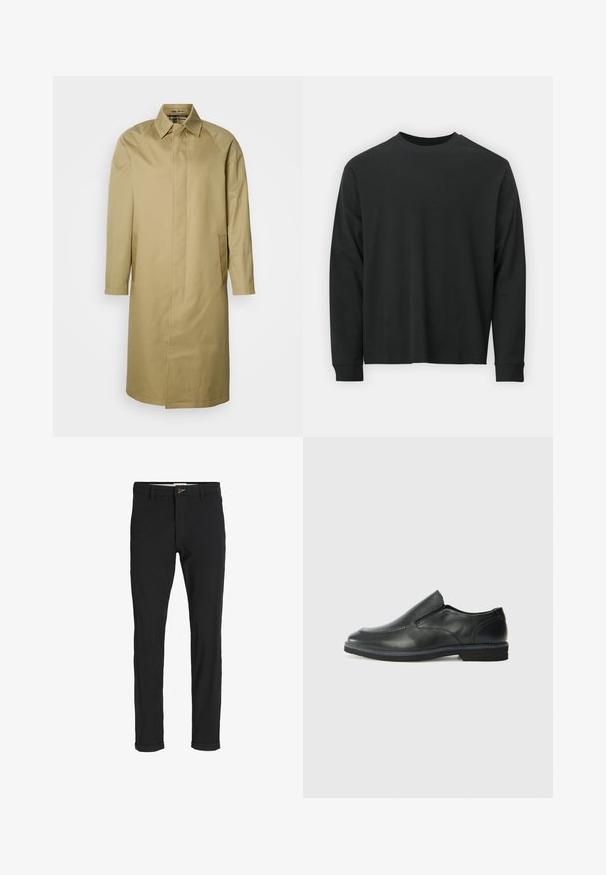 Beiger Trenchcoat aus glattem Stoff, mit spitzem Kragen, langen Ärmeln und seitlichen Taschen. Schlichtes, gerade geschnittenes Design ohne Verzierungen.; Langärmliges schwarzes T-Shirt aus Baumwolle, mit Rundhalsausschnitt, lockerer Passform und gerippten Bündchen. Weiche Textur ohne sichtbare Muster.; Schwarze Baumwollmischungshose mit schmalem Schnitt, gekennzeichnet durch einen Knopfverschluss, Taschen und umgeschlagenen Säumen für einen lässigen Abschluss.; Schwarze Leder-Slipper mit glattem Obermaterial, gesteppten Akzenten, runder Zehenpartie und niedrigem Gummiabsatz. Die Sohle hat ein minimales Profil.