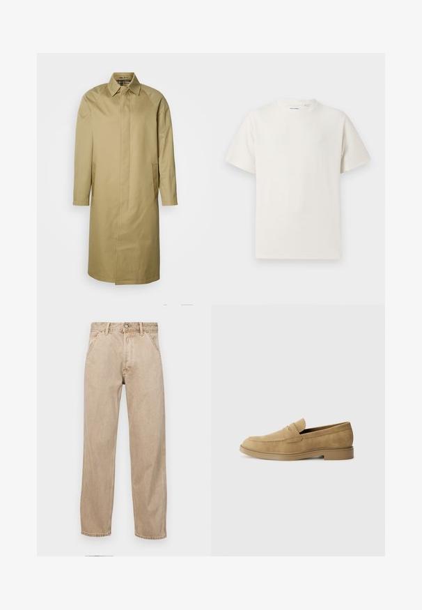 Beige takki, joka on valmistettu sileästä kankaasta, jossa on terävä kaulus, pitkät hihat ja sivutaskut. Yksinkertainen, suora leikkaus ilman koristeluja.; Valkoinen lyhythihainen T-paita ribbikuviossa. Pyöreä kaula-aukko, rento istuvuus, ei näkyviä kuvioita tai yksityiskohtia. Yksinkertainen ja monikäyttöinen muotoilu.; Beige farkkuhousut suoranlahkeisella muotoilulla, joissa on etutaskut, metallinen nappisulku ja hillitty rakenne.; Sandaalit nahasta vaaleanruskeat, pyöreällä kärjellä, matalalla lohkokannan ja yläosan brodeerausvoitolla. Sileä pinta ja minimalistinen muotoilu.