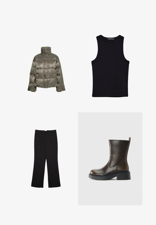Olivengrøn puffjakke med høj krave, quiltet design og oversize pasform. Glat, skinnende stof med to sidelommer.; Sort tank top lavet af bomuld, med rund halsudskæring og brede armhuller. Glat tekstur med syede kanter. Klassisk, minimalistisk design.; Sorte bukser med lige pasform, der har frontlommer og slidser i kanten. Lavet af blødt, glat stof. Velegnet til forskellige anledninger.; Mørkebrune læderstøvler til midten af læggen med rund tå, tyk sort sål, lav blokhælel og en trækflap bagpå.