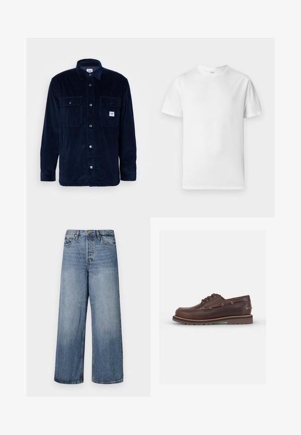 Marineblauwe corduroy overhemdjack met een knoopsluiting aan de voorkant, twee borstzakken en een logopatch; heeft een verticale ribbeltextuur en een klassieke kraag.; Witte T-shirt met korte mouwen van zacht katoen. Heeft een ronde halslijn en een rechte zoom met minimale details.; Wijde blauwe denim jeans met een vervaagde was, vijf zakken en een knoopsluiting. Voorzien van riemlussen en gestikte details.; Bruine leren bootschoen met een afgeronde neus, zes oogjes, contrasterende stiksels en een gestructureerde rubberen zool.