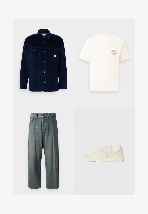 Jachetă din corduroy bleumarin cu deschidere cu nasturi, două buzunare pe piept și un patch cu logo; are o textură cu dungi verticale și un guler clasic.; Tricou alb cu mânecă scurtă, având text roșu "Studio Originals Edition" pe partea stângă a pieptului, expus pe un fundal gri neutru.; Jeans din denim bleu deschis, cu o croială lejeră, talie medie și picioare drepte. Au cinci buzunare, bucle pentru curea și închidere cu nasture.; Adidași crem cu detalii perforate, șireturi și logo pe lateral, expuși pe un fundal alb simplu.