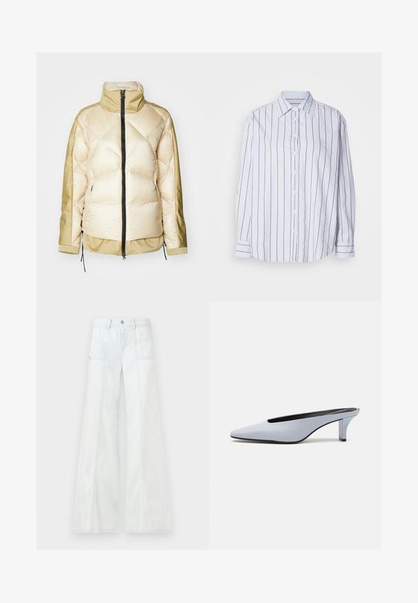 Pufīgs jaka ar krēms krāsas priekšu, olīvu zaļām pusēm, augstu apkakli un rāvējslēdzēja aizdari. Matēta apdare ar nocietinātu rakstu, ar aukliņu apakšējā malā.; Baltā krekliņa ar šaurām tumši zila vertikālām svītrām, pogu priekšpuse, punkta apkakle, garas piedurknes ar pogām, mīksts audums, brīvs piegriezums.; Gai zili plašas kāju džinsu bikses ar priekšējām kabatām un jostu cilpiņām, izliktas pret vienkāršu fonu.; Gaiši zila lakota ādas mūļu kurpe ar norādītu purngalu, zemu caurspīdīgu papēdi un elegantu dizainu ar izgriezumu pie augšējā daļa.