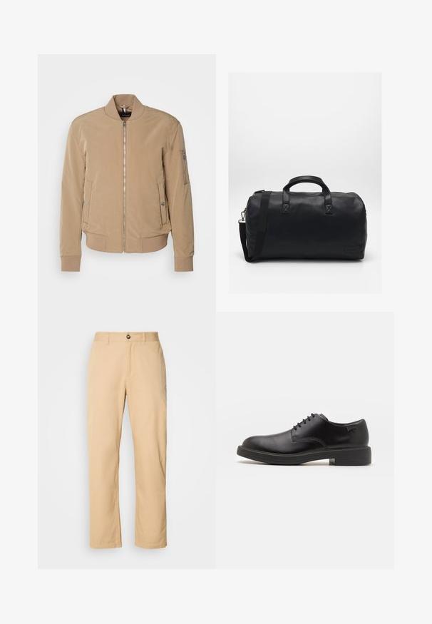 Tan bomber jacket with a smooth texture, zip closure, side pockets, and ribbed cuffs. Features a stand collar and a subtle brand logo.; Black turtleneck sweater made of soft fabric. Features long sleeves, ribbed collar and cuffs, with a smooth texture and no patterns.; Khaki cotton trousers with a straight-leg design, featuring a front button closure and belt loops. Smooth texture and plain surface.; Black leather lace-up shoe with a rounded toe, smooth texture, minimal stitching, and a low rubber heel. Logo on the heel.; Black duffel bag made of textured synthetic material. Features two handles and an adjustable shoulder strap. Simple design with no visible patterns.